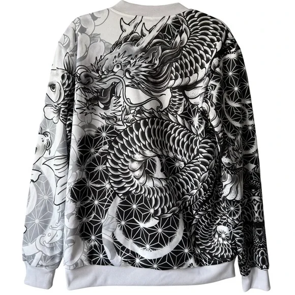 Lunafide Black White Dragon Bomber‎ Jacket Men's Large Japanese Tattoo Art